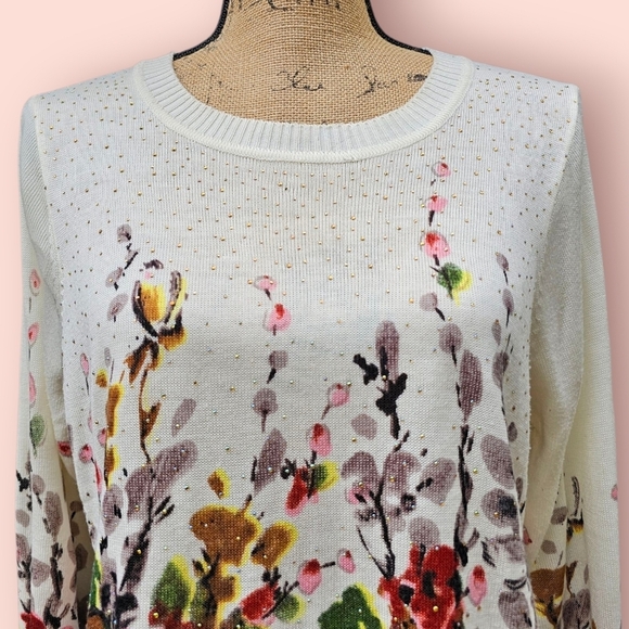 Rebecca Malone Women's Lightweight Rhinestone & Watercolor Floral Sweater,  L - Picture 2 of 5